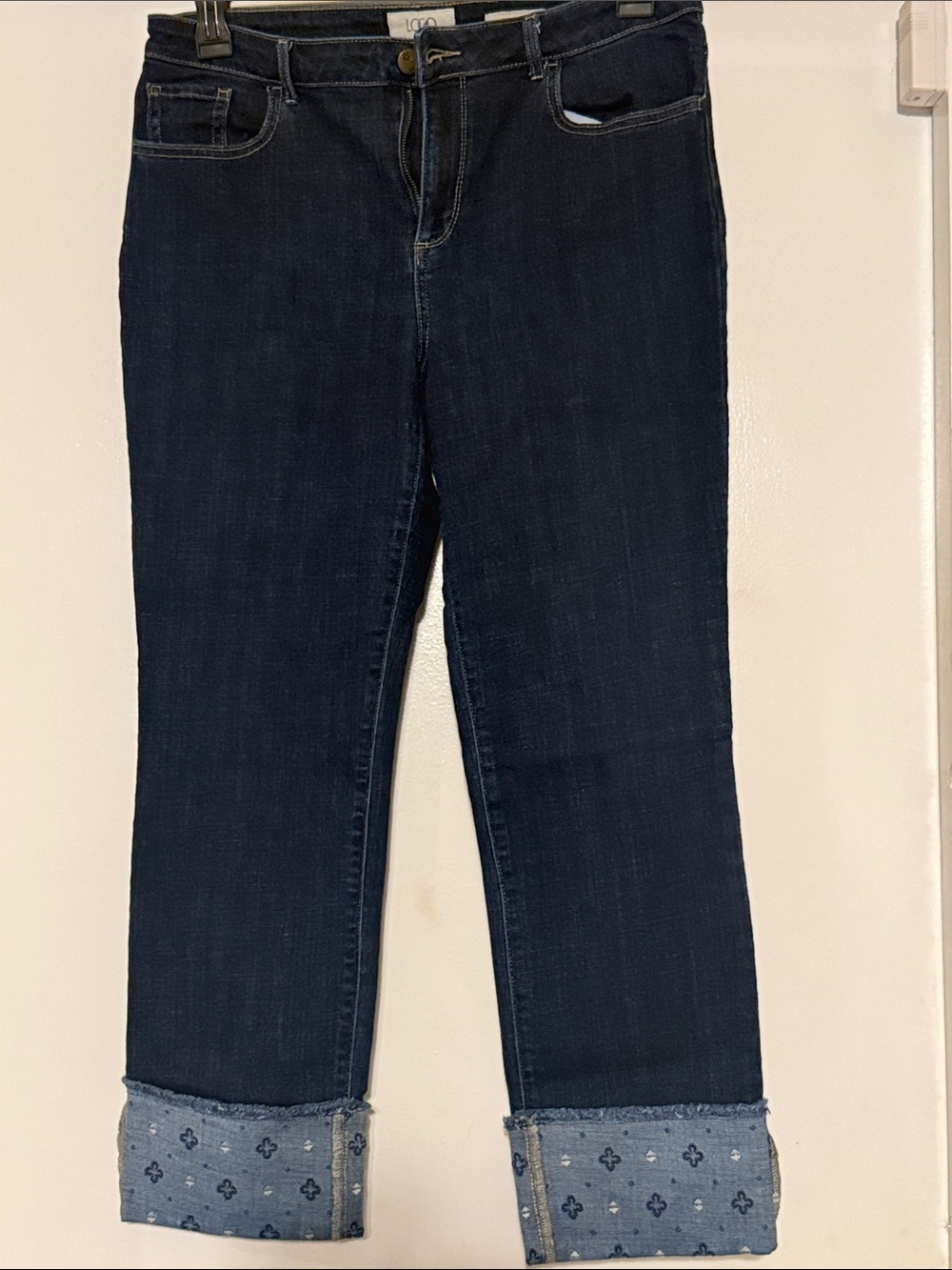 LOGO by Lori Goldstein Dark Blue Cropped Jeans with Patterned Cuff
